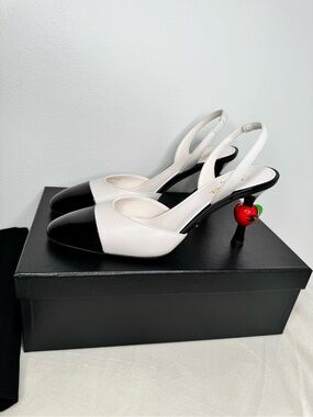 Chanel Designer Black & White Slingback Pumps with Cherry Heel NWT